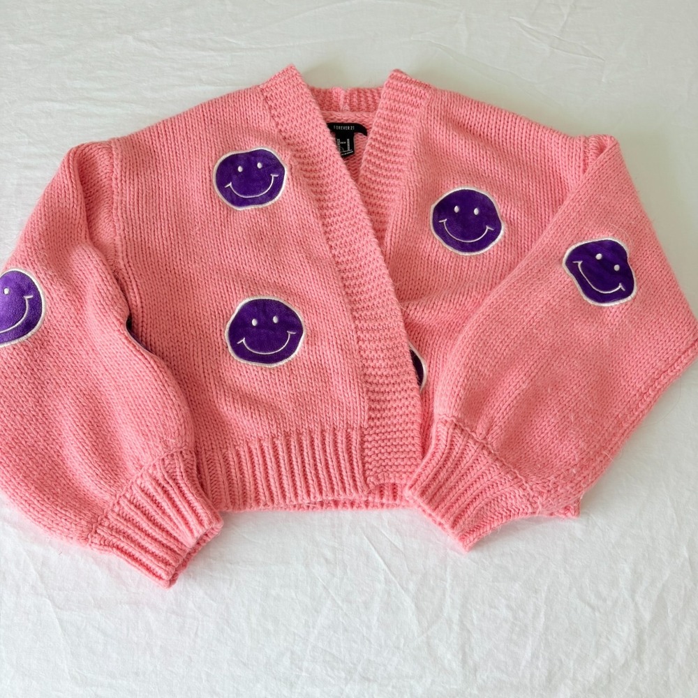 Womens‎ Pink Heavyweight Knit Embroidered Smiley Cropped Cardigan Sweater Size M